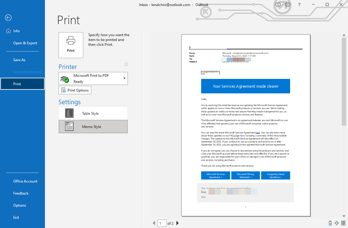 Print Outlook as PDF