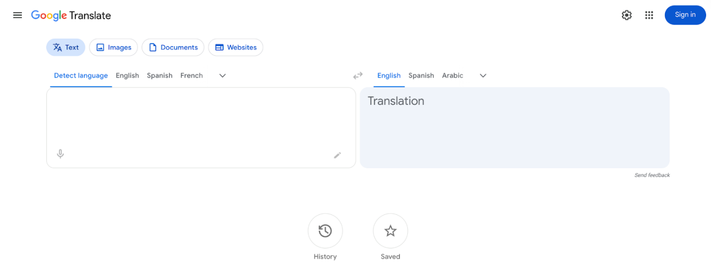 User interface of Google Translate