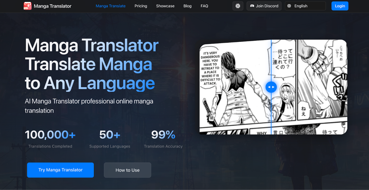 The website interface of Manga Translator