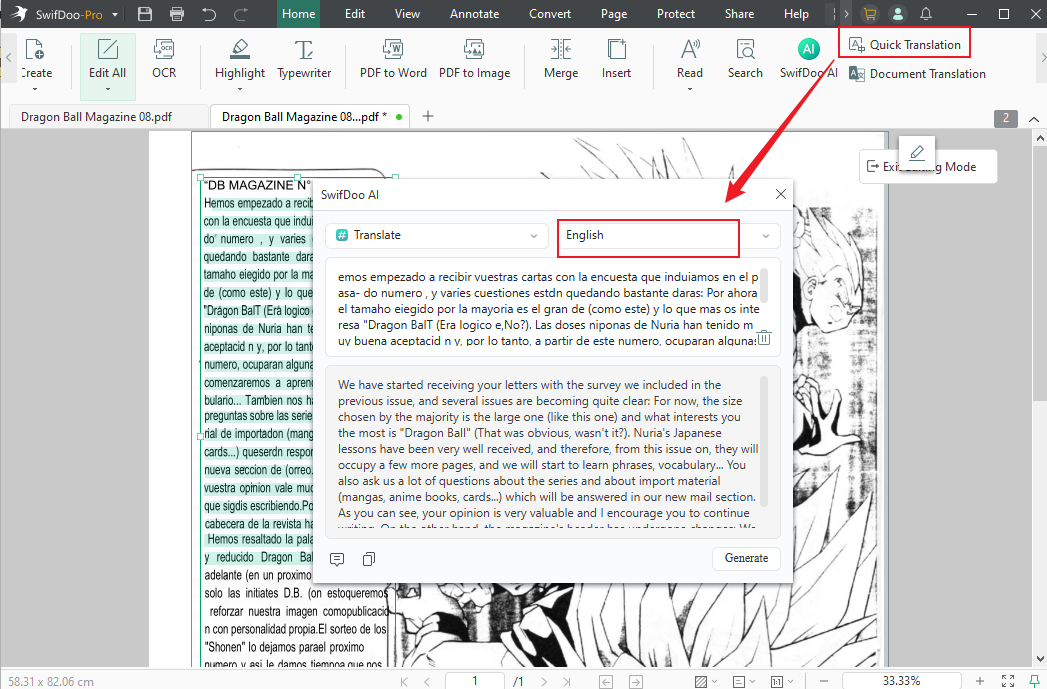 Translate the selected text and click the Quick Translation option in SwifDoo PDF