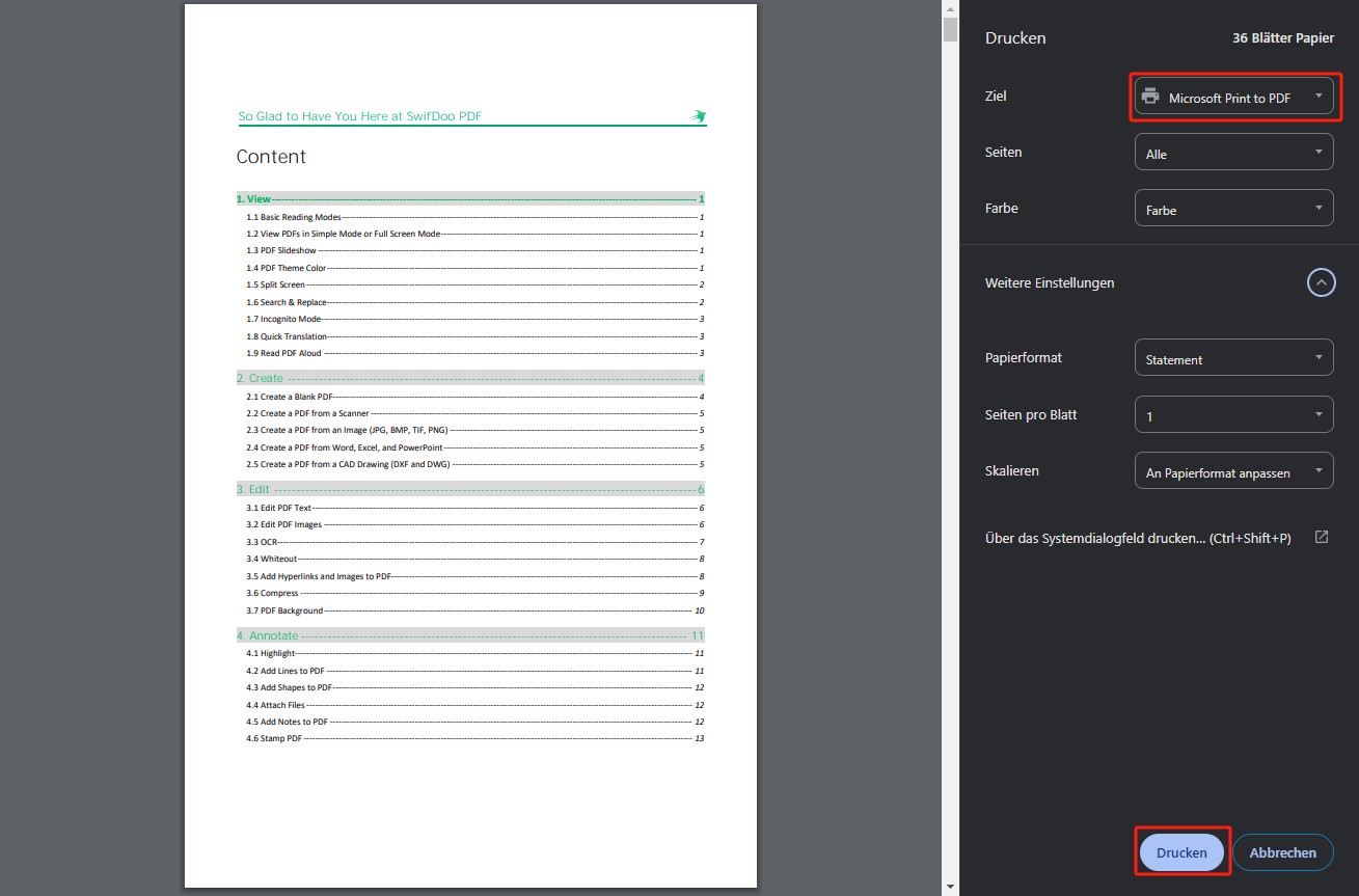 PDF-Datei drucken und speichern