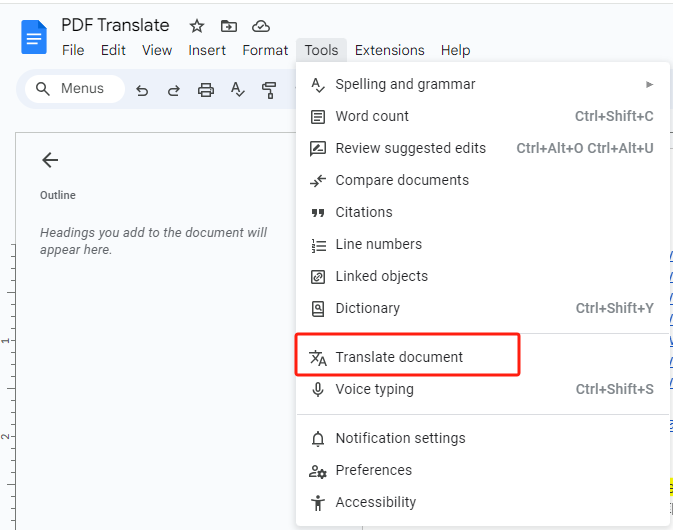 Google Docs Translate Document Feature
