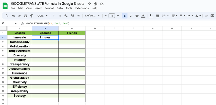 Translate a Google Sheet with Google Translate Formula 2