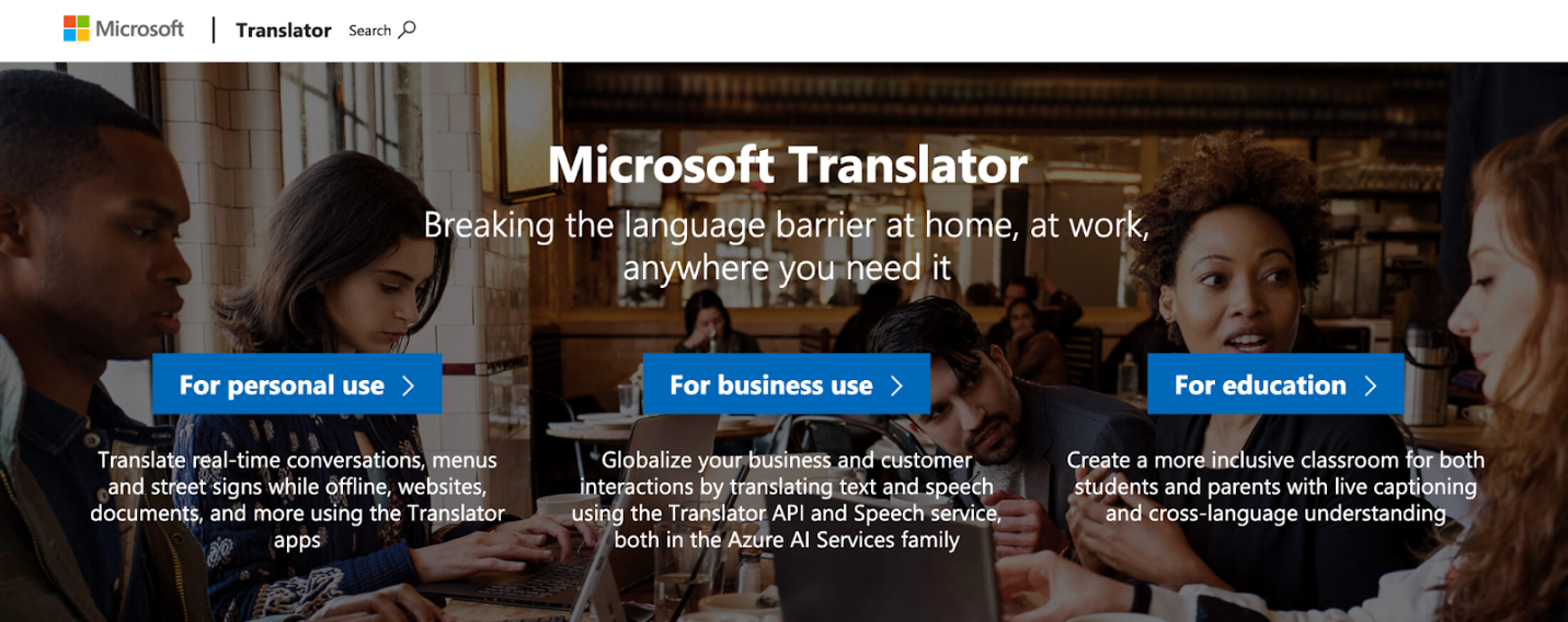Website page of Microsoft Translator