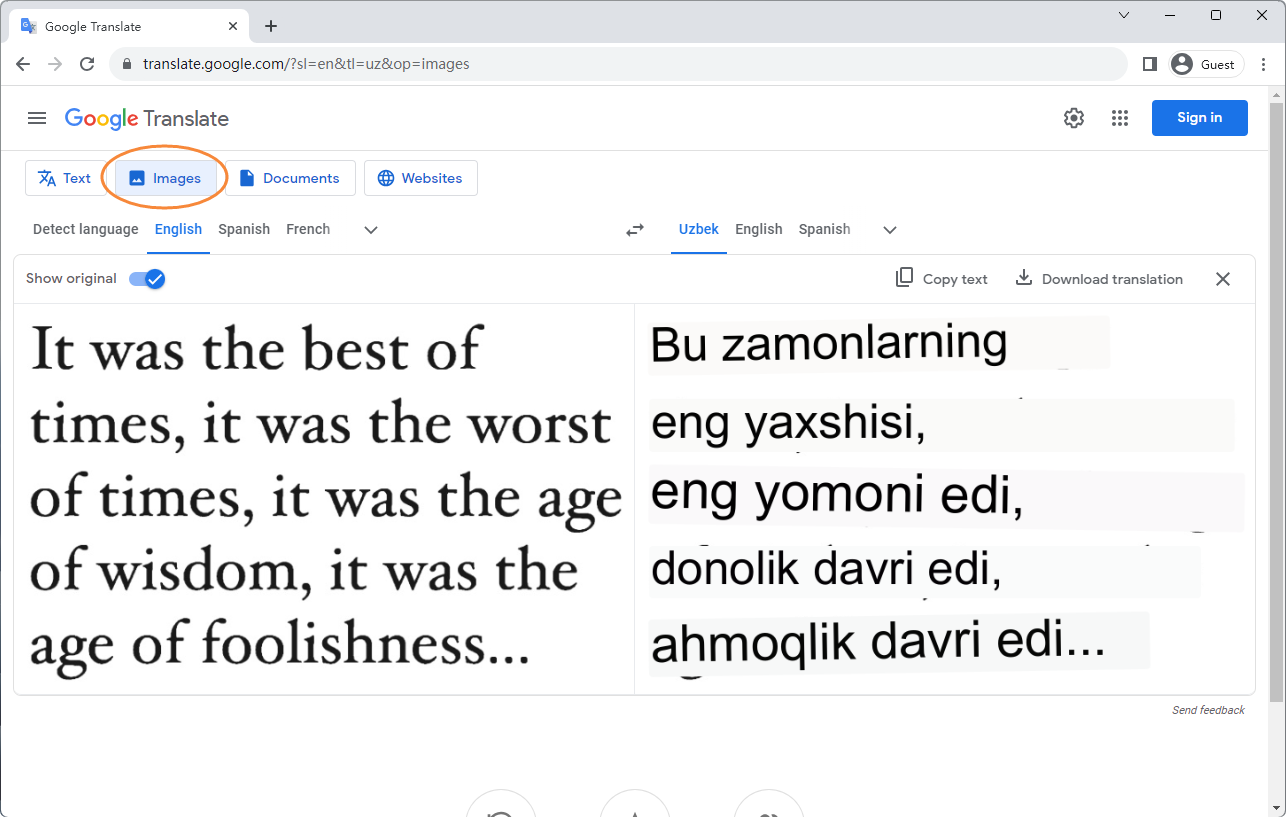 Google Translate English to Uzbek Image