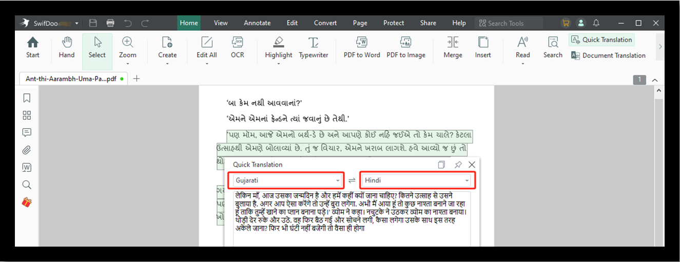 Gujarati to Hindi translation PDF with SwifDoo PDF step 3 select languages