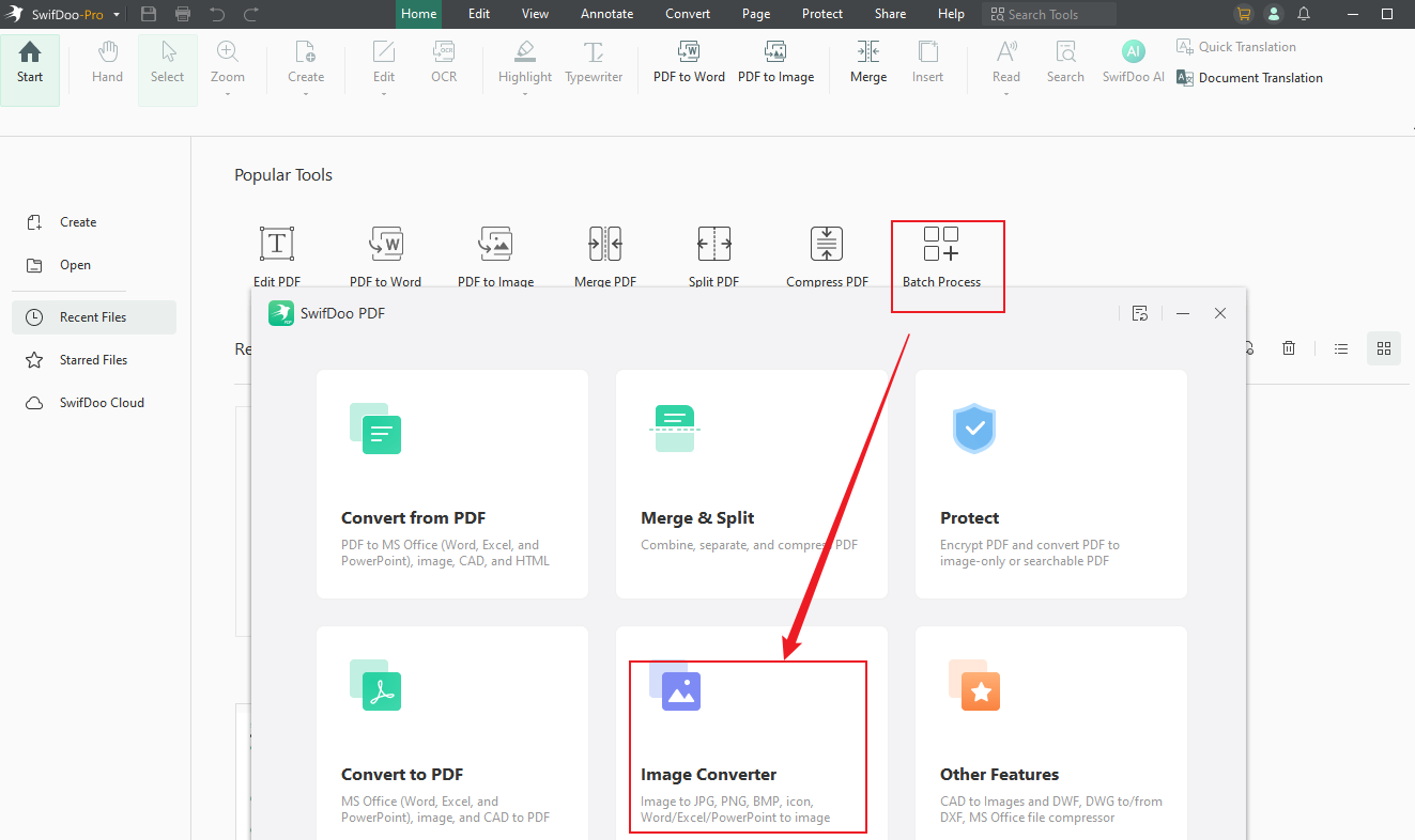 Click Batch Process and select Image Converter in SwifDoo PDF