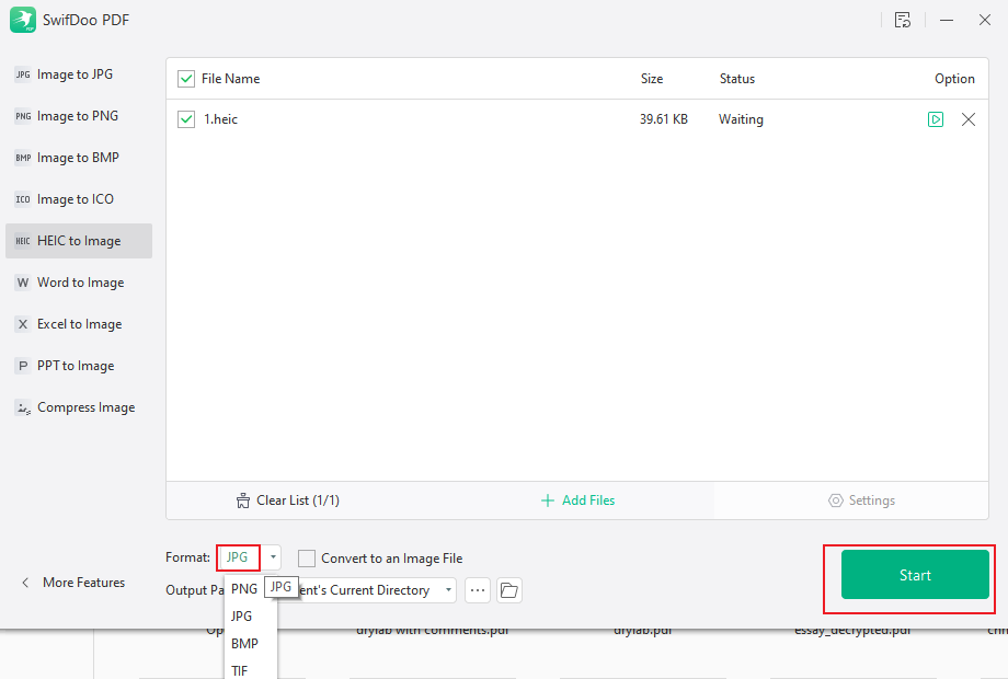 Select JPG as the output format and click Start in SwifDoo PDF