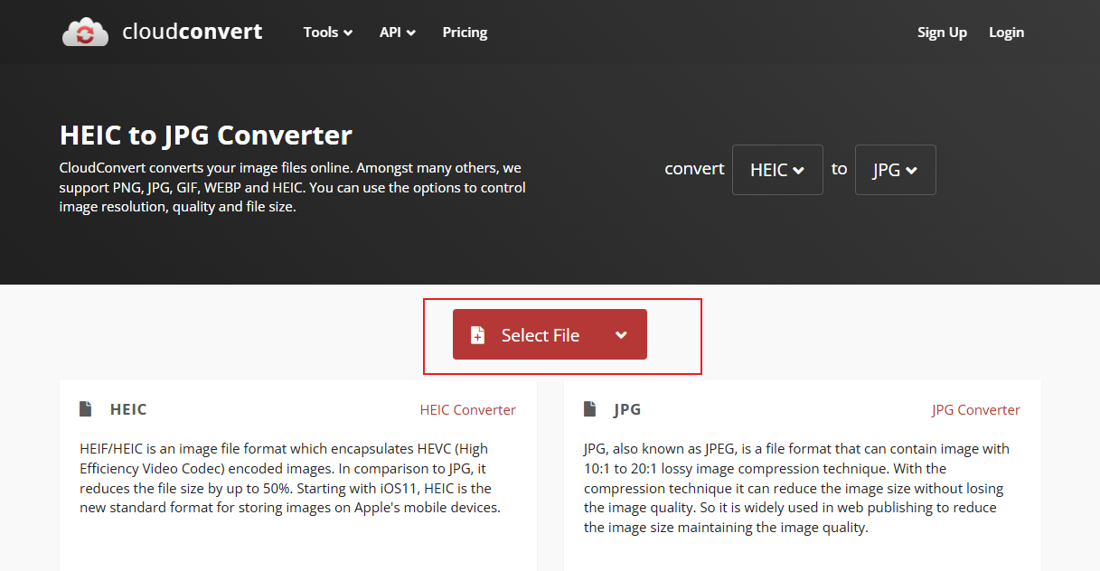 Click Select File to upload the target HEIC file into CloudConvert