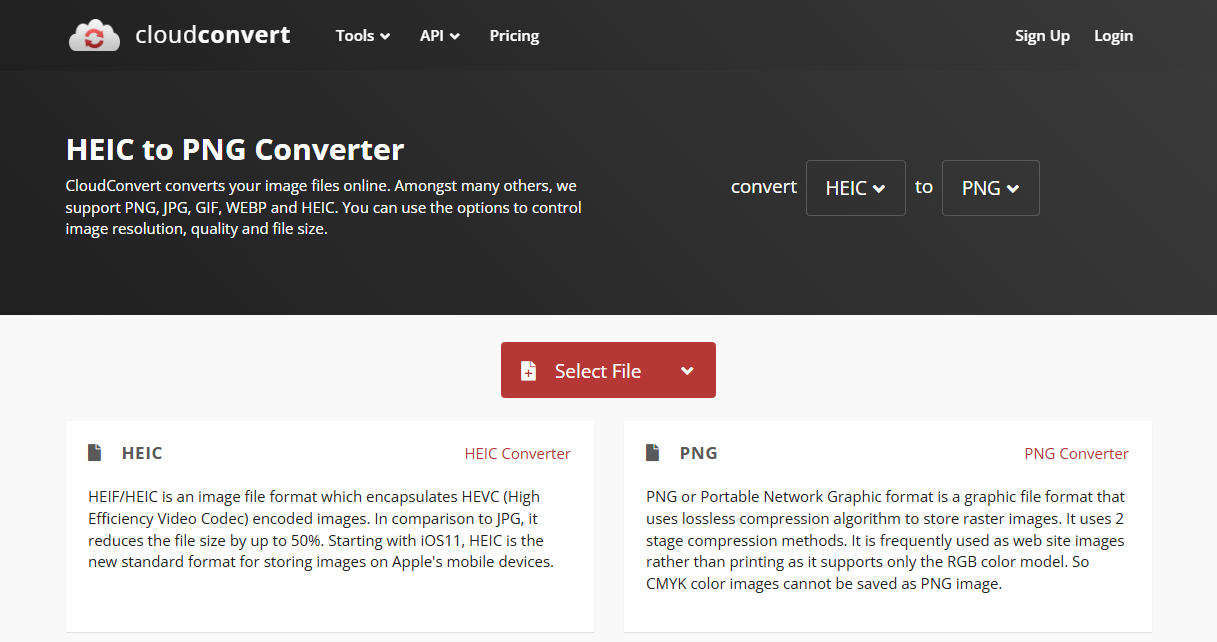 The HEIC to PNG Converter page of CloudConvert