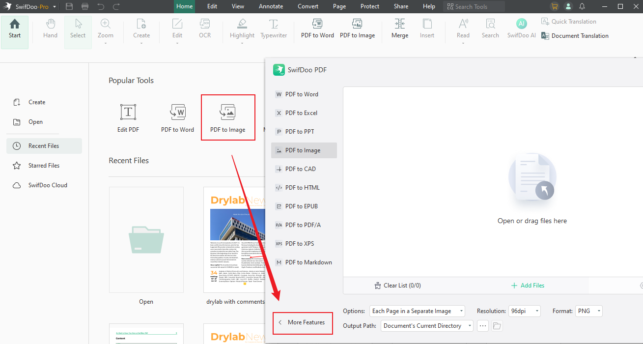 Click PDF to Image and click the More Features option in SwifDoo PDF
