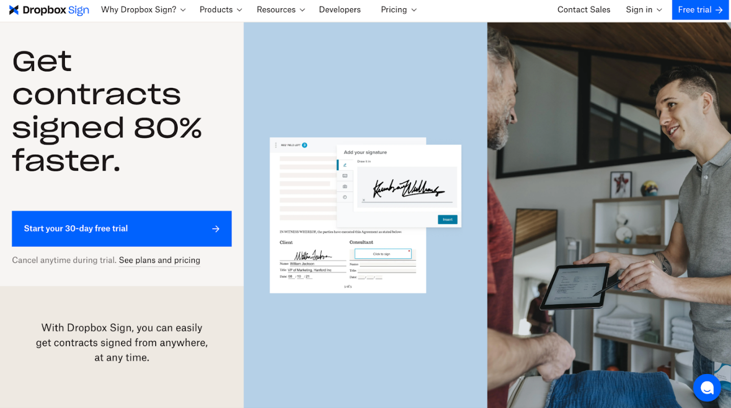The website page of HelloSign