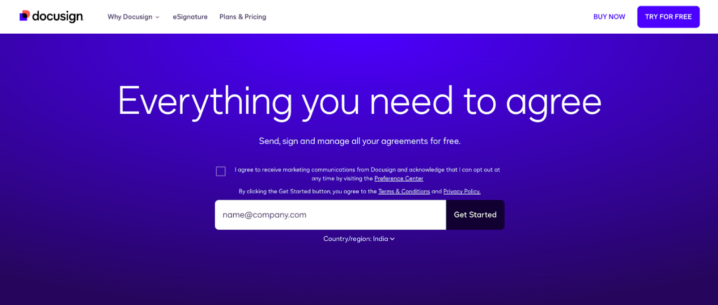 The website page of DocuSign