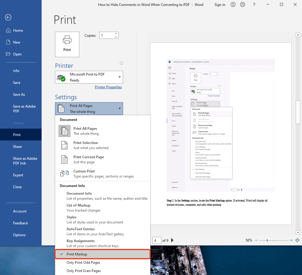 Uncheck Print Markup