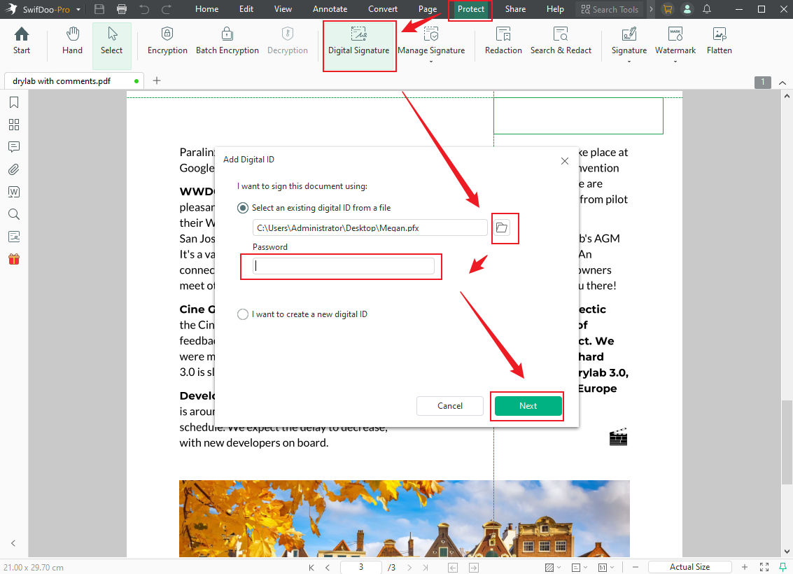 Click Digital Signature under Protect and click the folder icon to select your digital ID in SwifDoo PDF