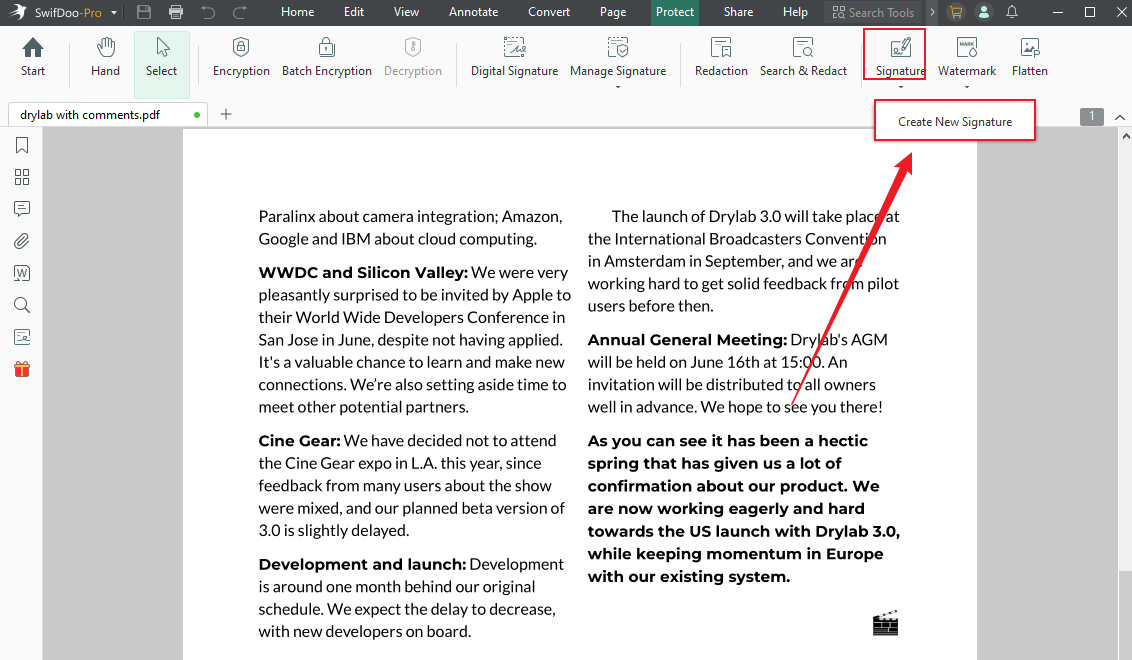 Click Signature and click the Create New Signature option in SwifDoo PDF
