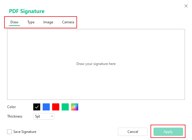 Select one from the Draw, Type, Image, and Camera options to create your e-signature in SwifDoo PDF