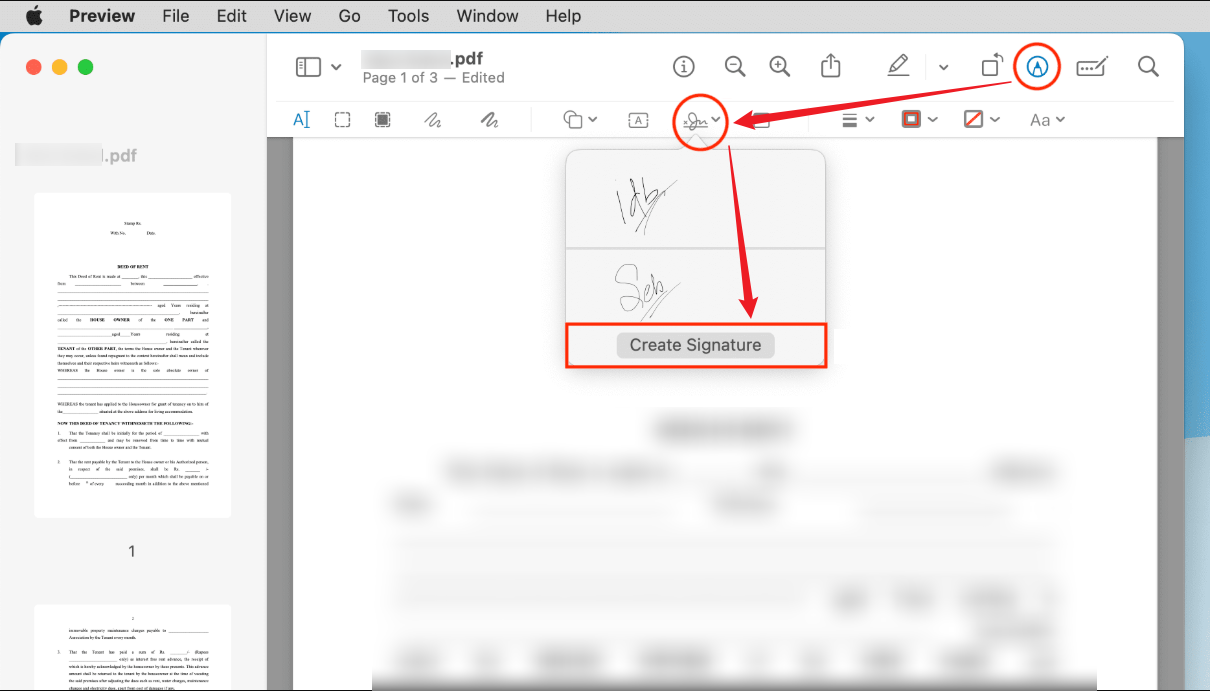 Click the Signature icon under the Markup icon and click Create Signature in Preview