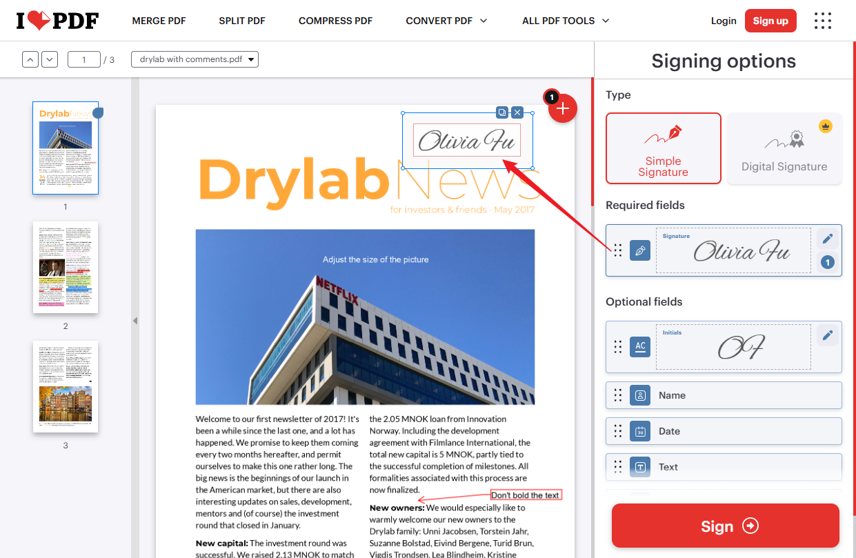 Drag and position the signature to your PDF in iLovePDF