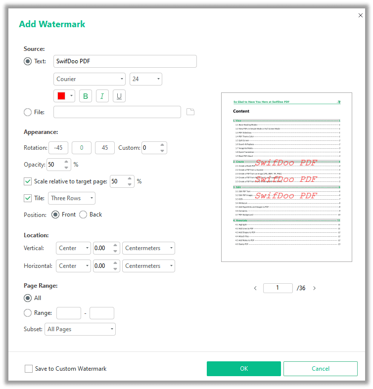 How to add a text watermark to a PDF in SwifDoo PDF