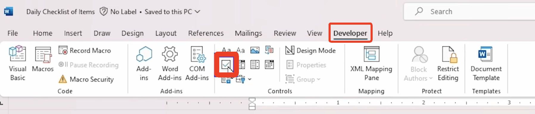 click the Check Box Content Control