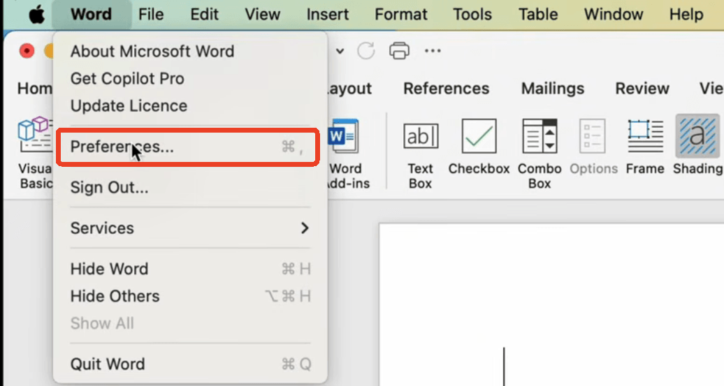 select Preferences in Word Mac