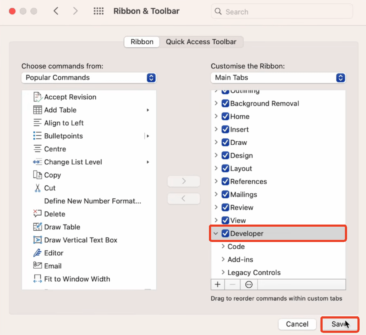 Choose Ribbon & Toolbar