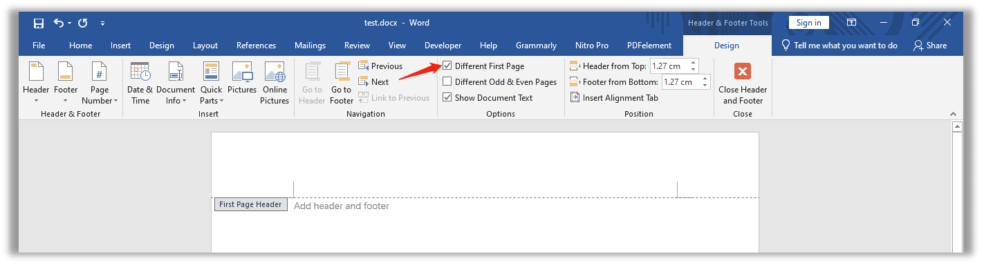 How to add headers and footers to dfferent first page