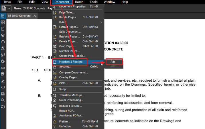 Click Document and select Headers & Footers in Bluebeam Revu