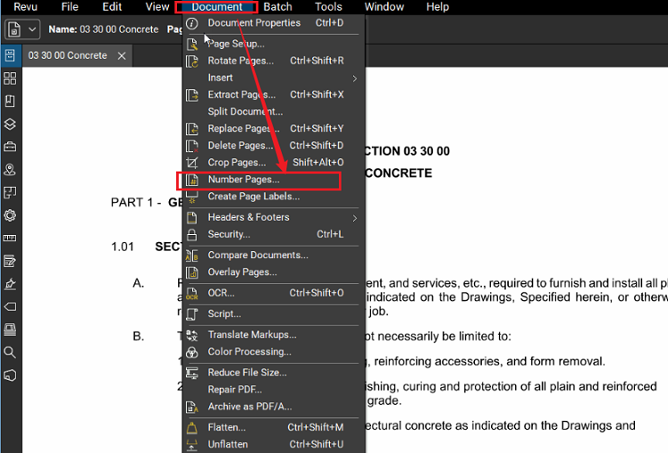 Click Document and select Number Pages in Bluebeam Revu