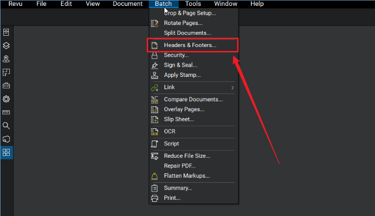 Click Batch and select Headers & Footers in Bluebeam Revu
