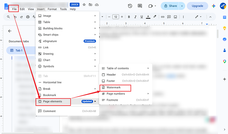 Click File and go to Page elements to select Watermark in Google Docs