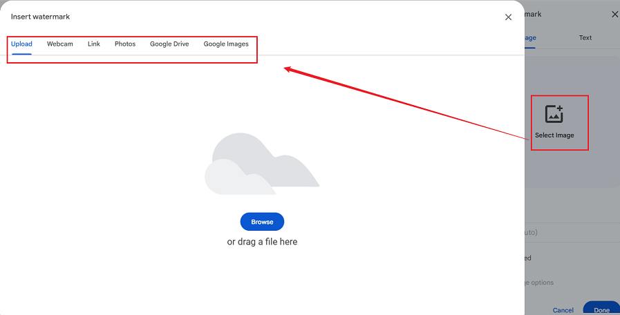 Upload an image watermark to Google Docs
