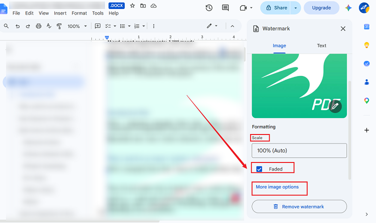 Adjust the settings for the image watermark in Google Docs