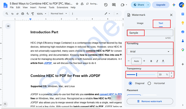Click Text and input the text watermark you want to add to the file in Google Docs