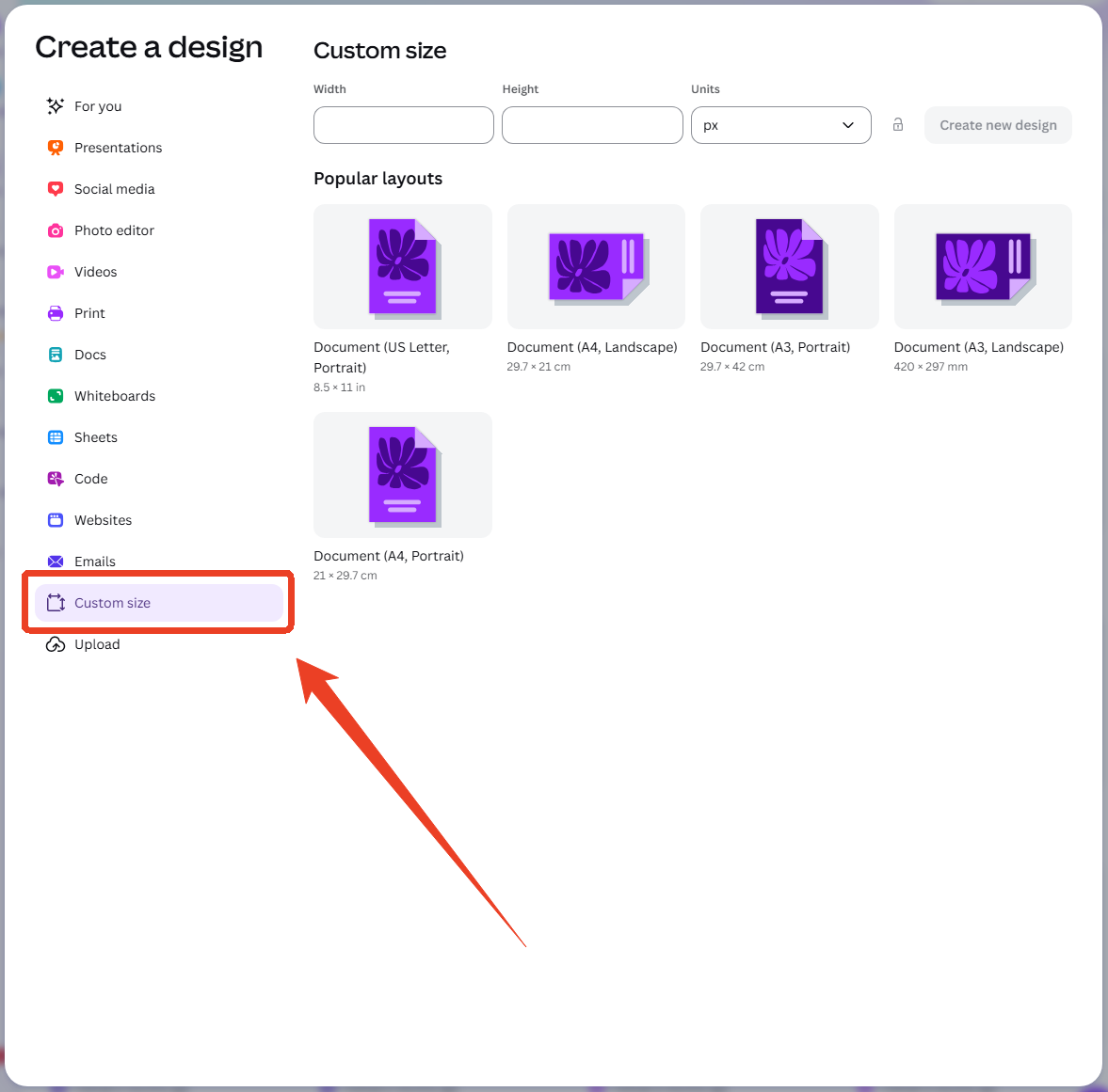 Canva's Create a design window