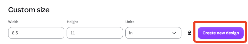 Canva's Custom size window