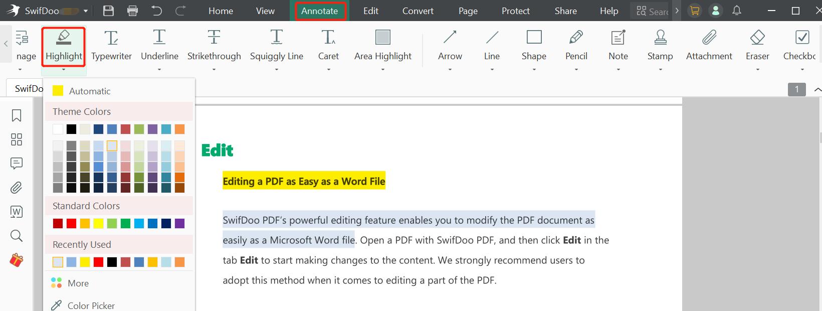 How to annotate a PDF with SwifDoo PDF step 2