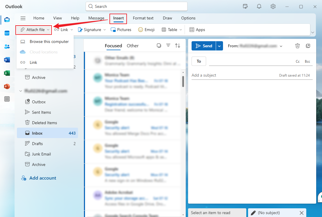 Click the Attach file option under the Insert tab for New Outlook