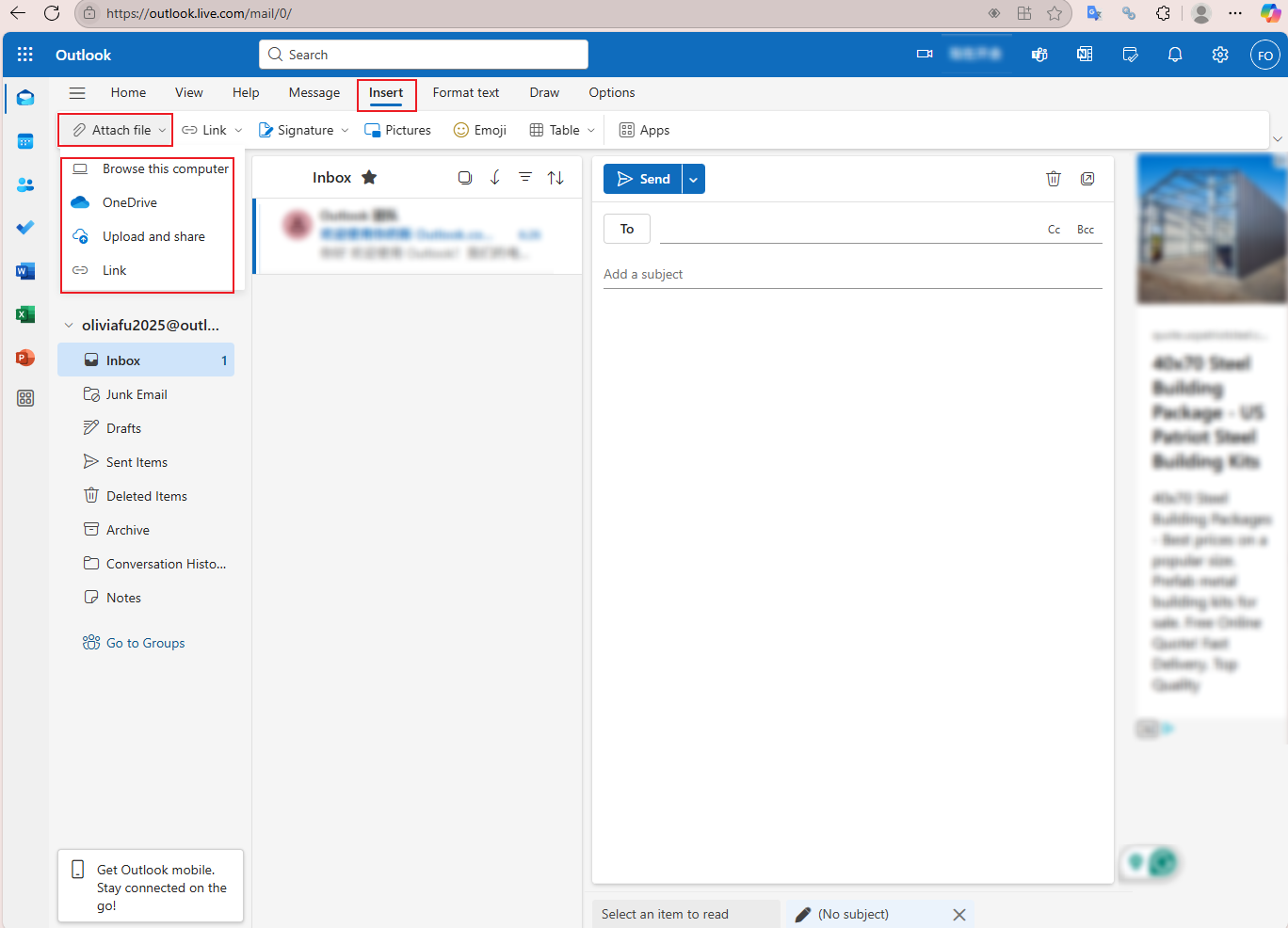 Click the Insert tab and choose one options from the Attach file list in the Outlook web version