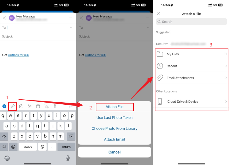 Tap the Paperclip icon and select the Attach File option to load your target file into the Outlook app on your phone