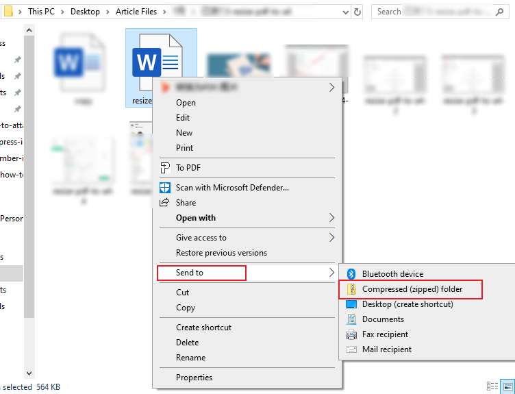 Right-click on the target file and choose the Compressed (zipped) folder option from the Send to list