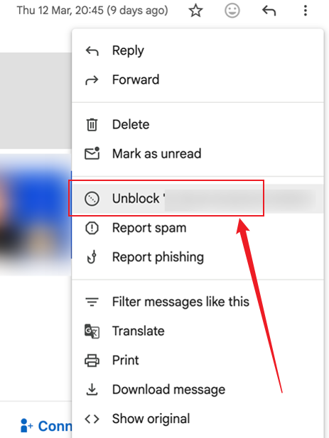 Select the Unblock sender option in Gmail