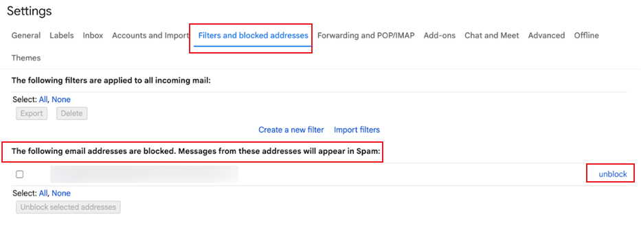 Select the email address you want to unblock under the "The following email addresses are blocked. Messages from these addresses will appear in Spam:" list in Gmail