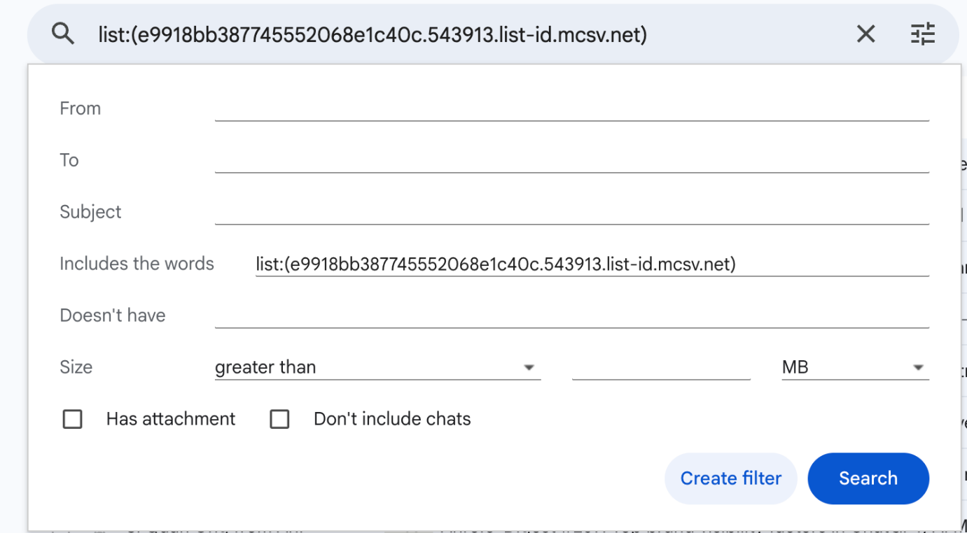 Complete the filter criteria in Gmail