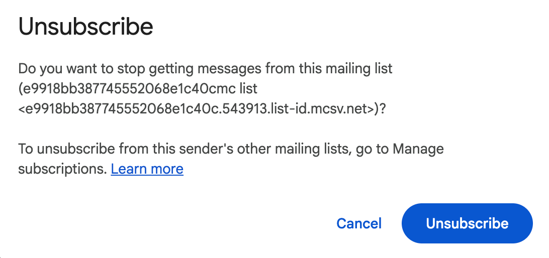 Click the Unsubscribe button to confirm the operation in Gmail