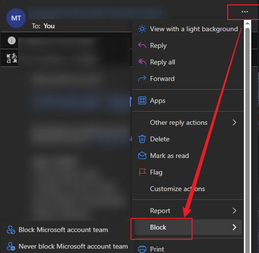 Click the three-dot icon and click the Block option in Outlook Web