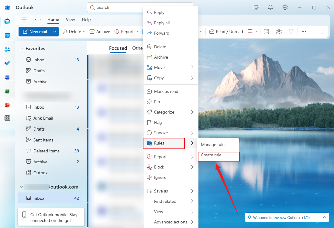 Click Rules and select the Create rule option in Outlook