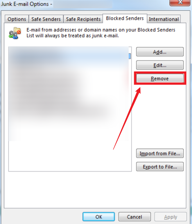 Click the Remove button in Outlook