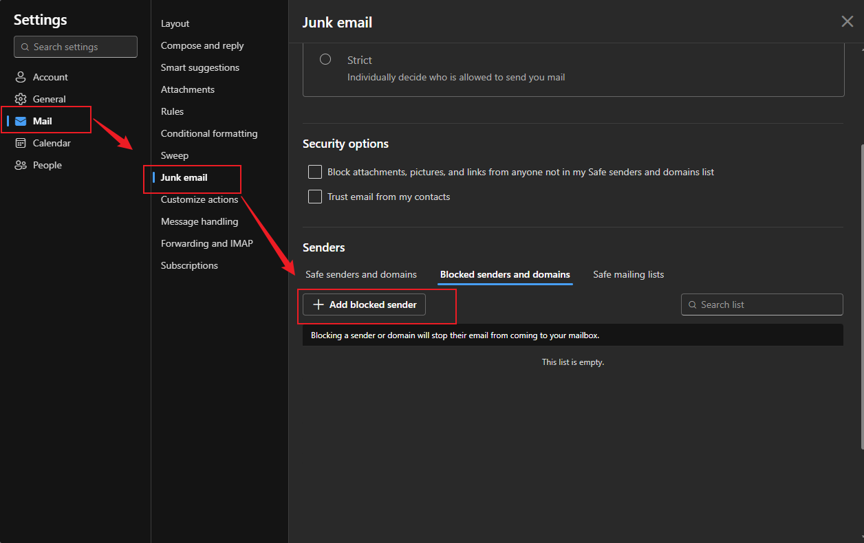 Go to Mail and select the Junk mail option in Outlook Web